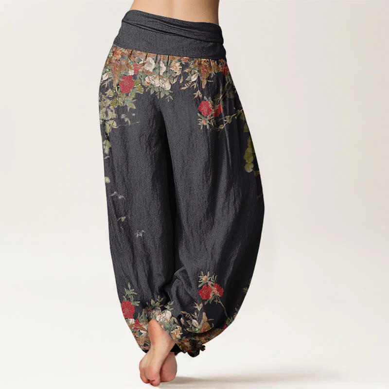 Pantaloni harem da donna con elastico in vita, in cotone, casual, con motivo a peonie rosse e pietre Buddha Stones - Image 3