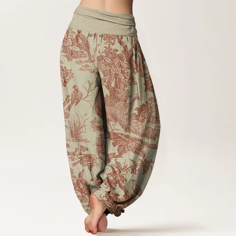 Pantaloni harem da donna con elastico in vita, motivo Buddha Stones Cotton Birds Trees Branches - Image 2