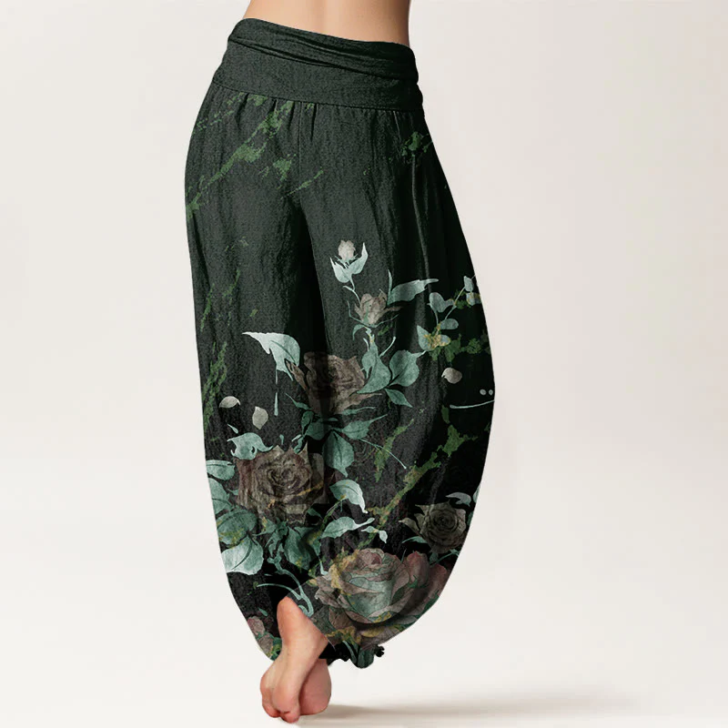 Pantaloni harem da donna con elastico in vita e motivo Buddha Stones in cotone con rose in fiore - Image 10