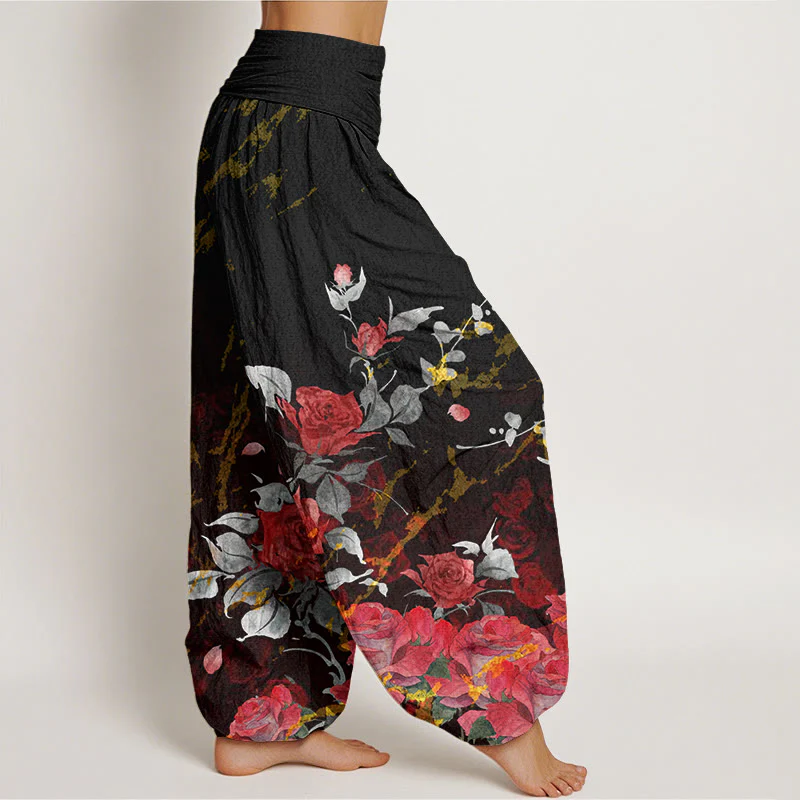 Pantaloni harem da donna con elastico in vita e motivo Buddha Stones in cotone con rose in fiore - Image 2