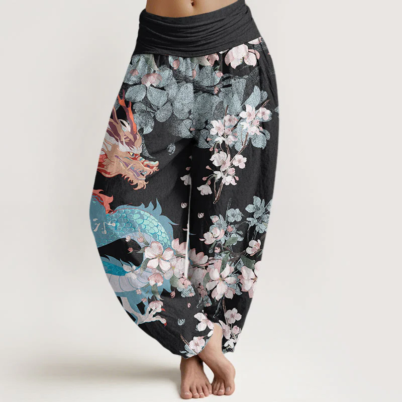 Pantaloni harem da donna con elastico in vita, in cotone, casual, con drago e fiori di ciliegio, motivo Buddha Stones