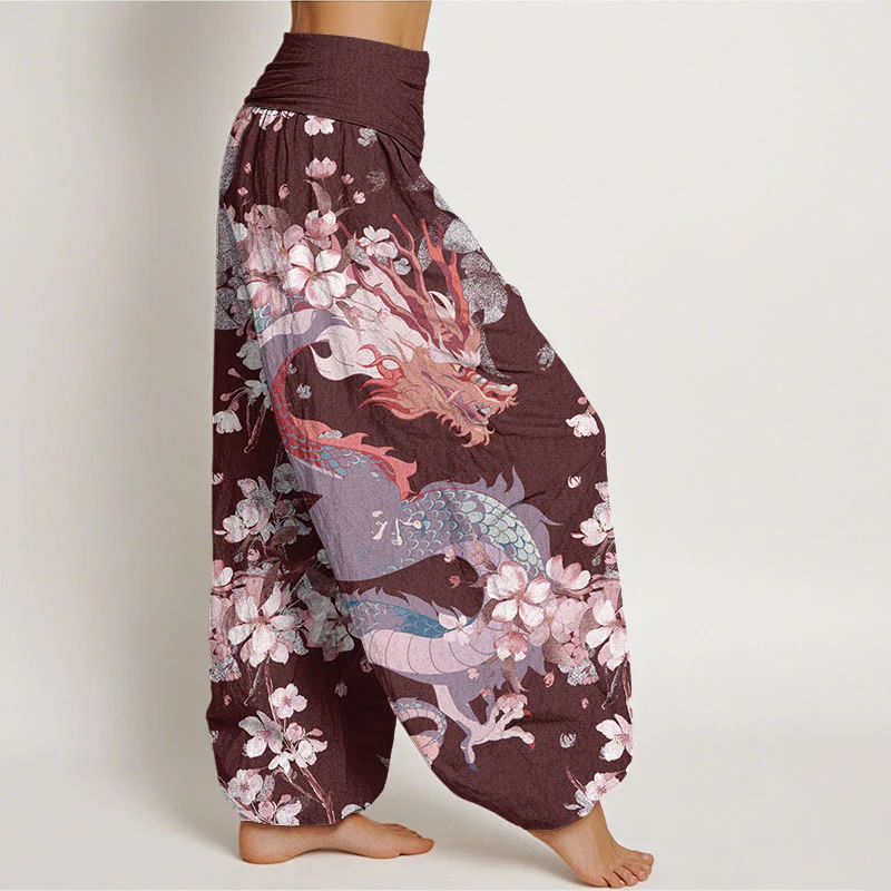 Pantaloni harem da donna con elastico in vita, in cotone, casual, con drago e fiori di ciliegio, motivo Buddha Stones - Image 10