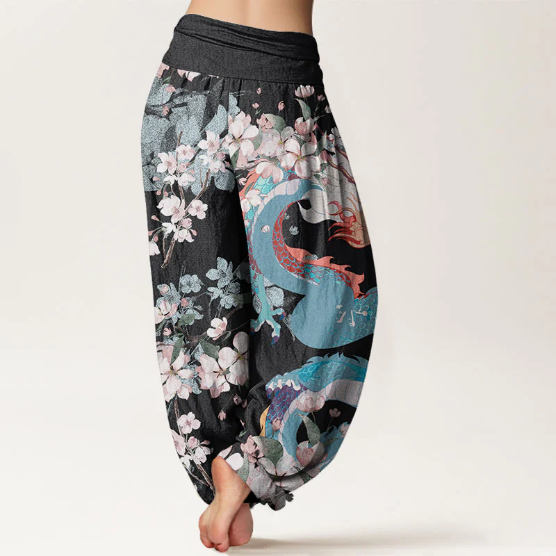 Pantaloni harem da donna con elastico in vita, in cotone, casual, con drago e fiori di ciliegio, motivo Buddha Stones - Image 2