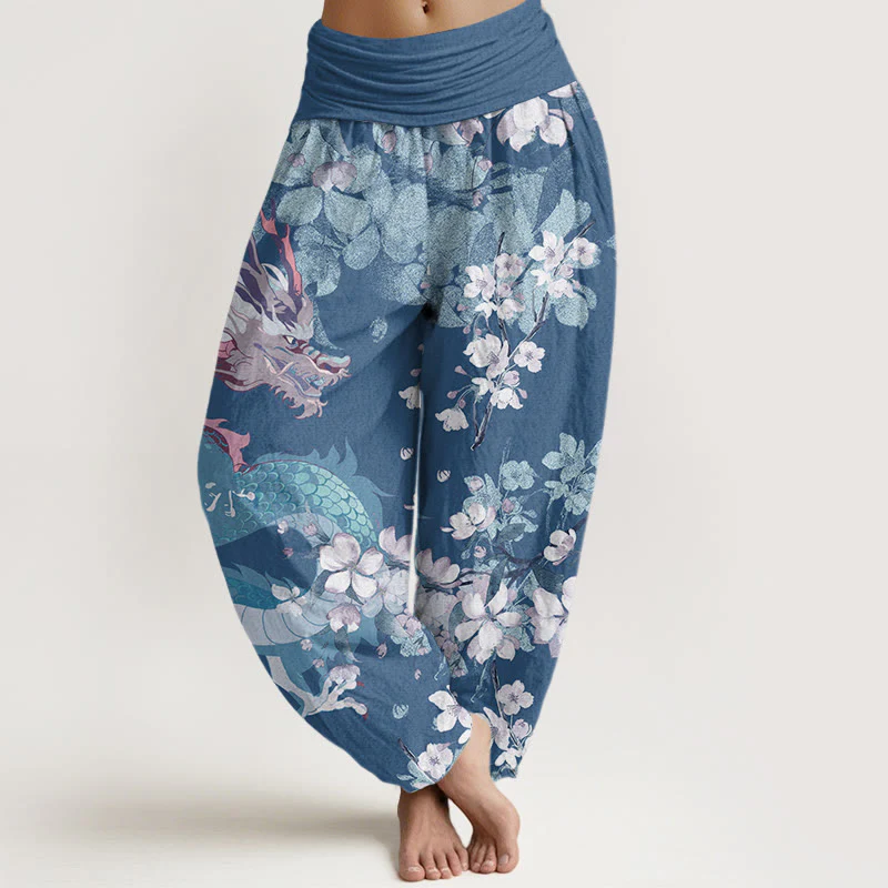 Pantaloni harem da donna con elastico in vita, in cotone, casual, con drago e fiori di ciliegio, motivo Buddha Stones - Image 5