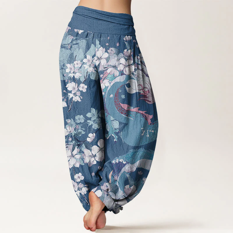 Pantaloni harem da donna con elastico in vita, in cotone, casual, con drago e fiori di ciliegio, motivo Buddha Stones - Image 6