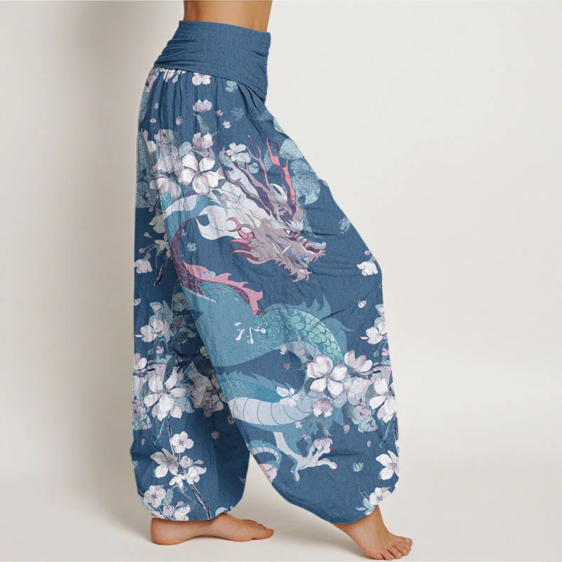 Pantaloni harem da donna con elastico in vita, in cotone, casual, con drago e fiori di ciliegio, motivo Buddha Stones - Image 7