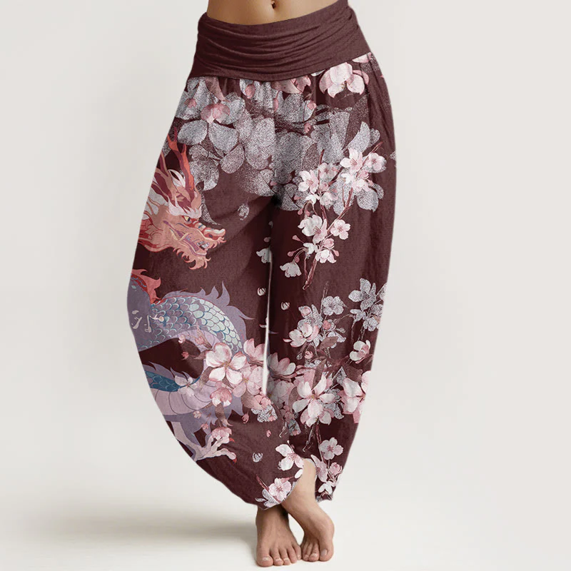 Pantaloni harem da donna con elastico in vita, in cotone, casual, con drago e fiori di ciliegio, motivo Buddha Stones - Image 8