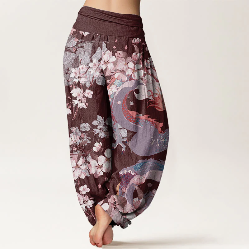 Pantaloni harem da donna con elastico in vita, in cotone, casual, con drago e fiori di ciliegio, motivo Buddha Stones - Image 9