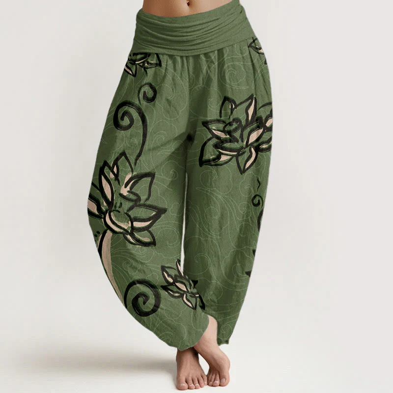 Pantaloni harem da donna con elastico in vita, in cotone, casual, motivo: Buddha Stones Lotus e nuvole di buon auspicio