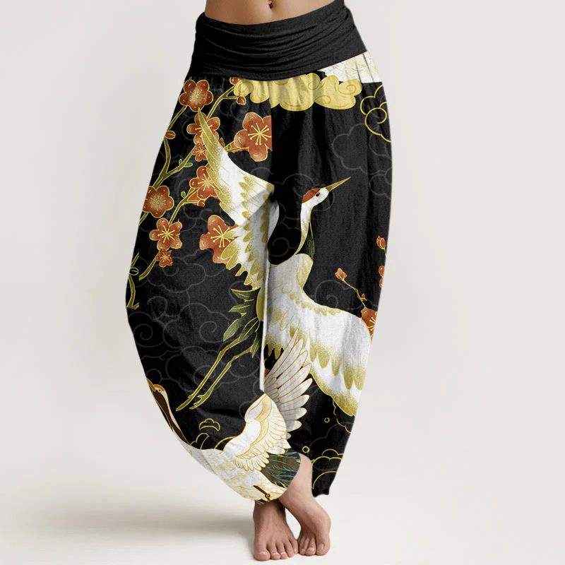 Pantaloni harem da donna con elastico in vita, motivo Buddha Stones Cotton Cranes Flowers e nuvole di buon auspicio