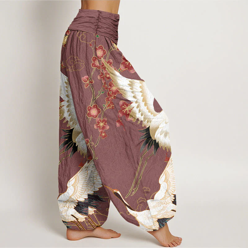 Pantaloni harem da donna con elastico in vita, motivo Buddha Stones Cotton Cranes Flowers e nuvole di buon auspicio - Image 6