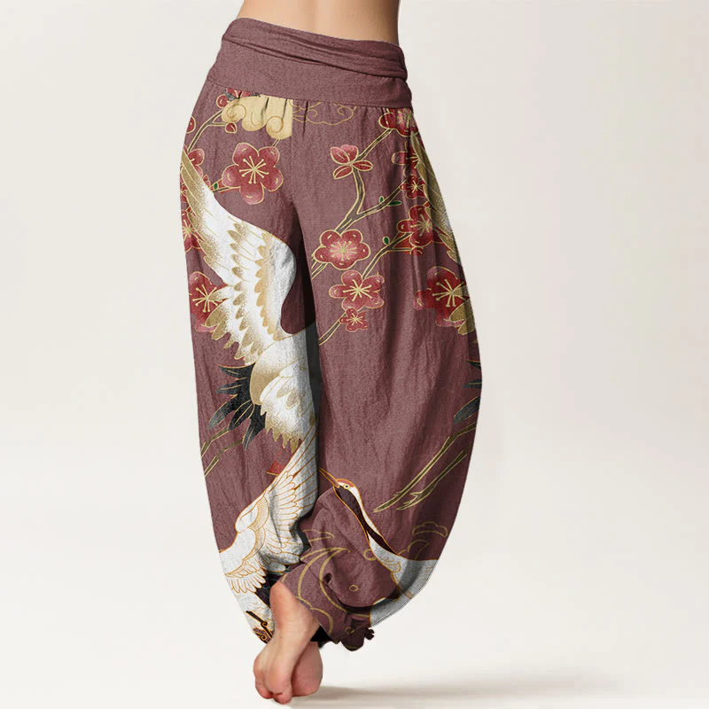 Pantaloni harem da donna con elastico in vita, motivo Buddha Stones Cotton Cranes Flowers e nuvole di buon auspicio - Image 7