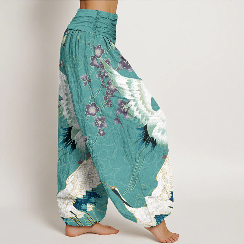 Pantaloni harem da donna con elastico in vita, motivo Buddha Stones Cotton Cranes Flowers e nuvole di buon auspicio - Image 9