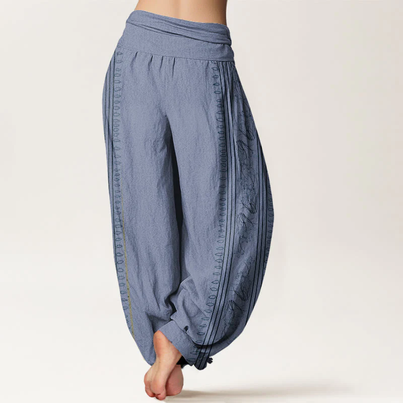 Pantaloni harem da donna con elastico in vita, motivo Buddha Stones in cotone con ruota del Dharma e motivo Lotus OM - Image 3