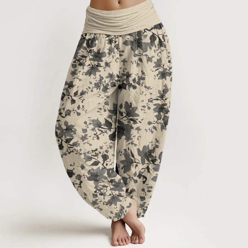 Pantaloni harem da donna con elastico in vita e motivo a foglie di cotone con Buddha Stones
