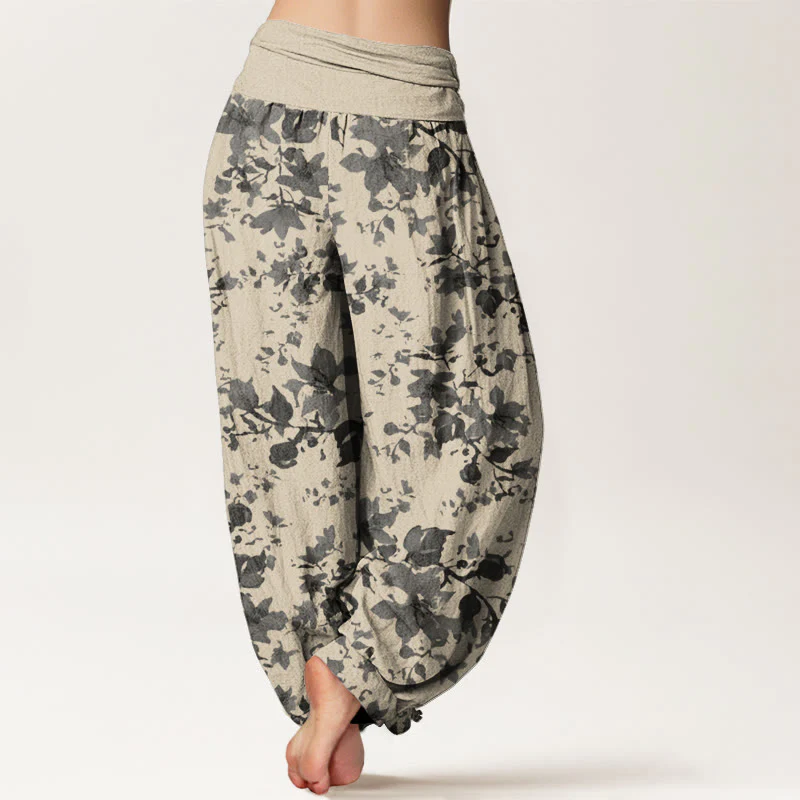Pantaloni harem da donna con elastico in vita e motivo a foglie di cotone con Buddha Stones - Image 2