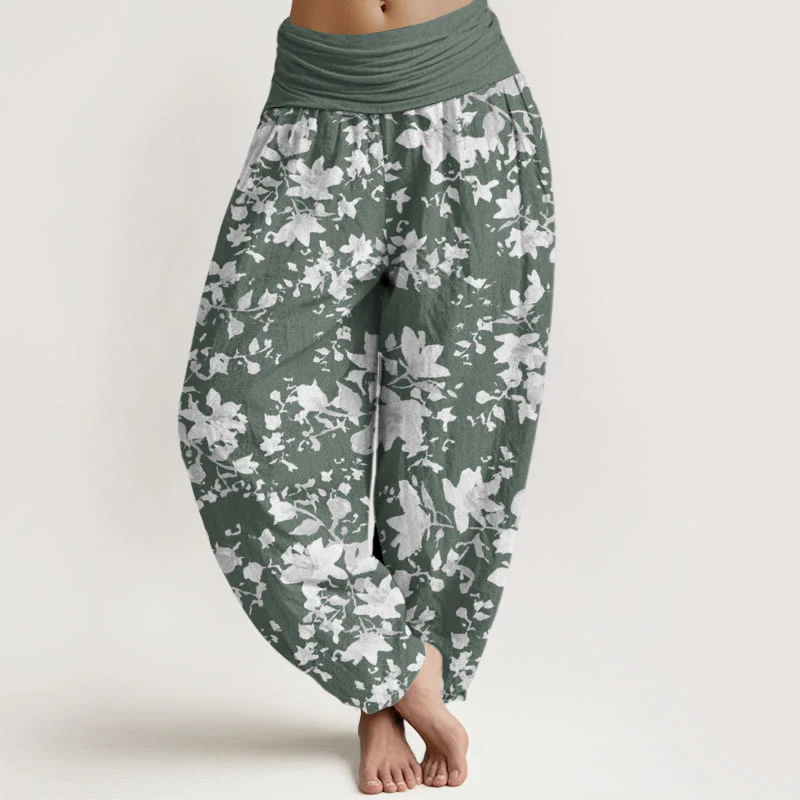 Pantaloni harem da donna con elastico in vita e motivo a foglie di cotone con Buddha Stones - Image 5