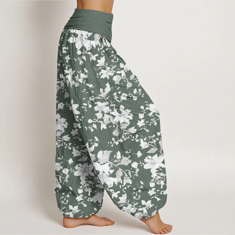 Pantaloni harem da donna con elastico in vita e motivo a foglie di cotone con Buddha Stones - Image 6