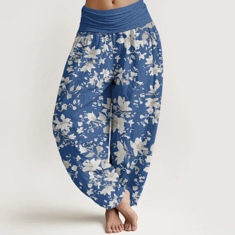 Pantaloni harem da donna con elastico in vita e motivo a foglie di cotone con Buddha Stones - Image 8