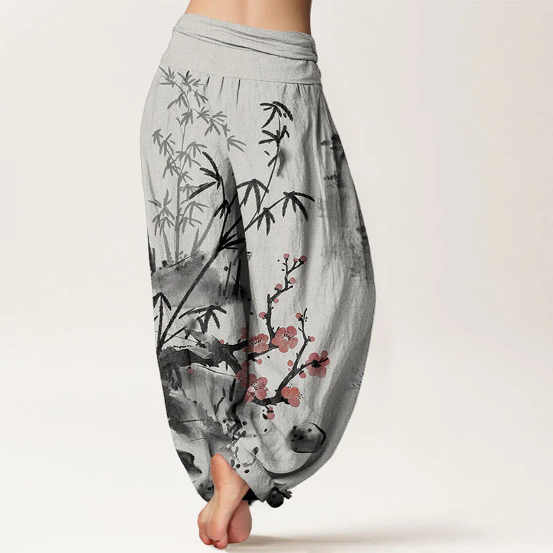 Pantaloni harem da donna con elastico in vita, motivo Buddha Stones Cotton Plum Blossoms Bamboo Orchids Chrysanthemums - Image 2