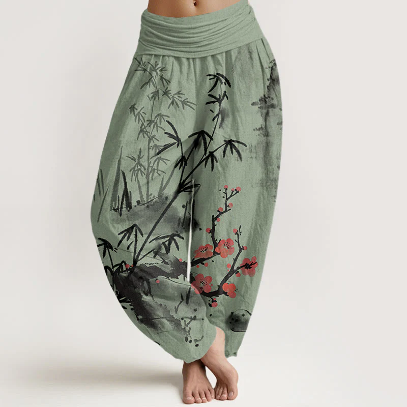 Pantaloni harem da donna con elastico in vita, motivo Buddha Stones Cotton Plum Blossoms Bamboo Orchids Chrysanthemums - Image 5