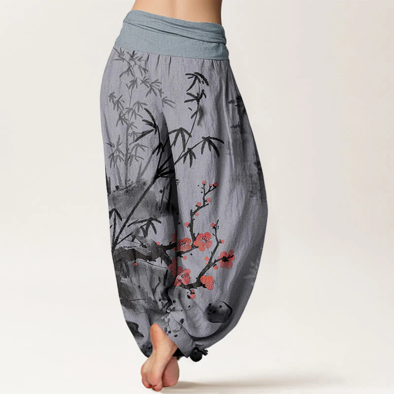 Pantaloni harem da donna con elastico in vita, motivo Buddha Stones Cotton Plum Blossoms Bamboo Orchids Chrysanthemums - Image 9