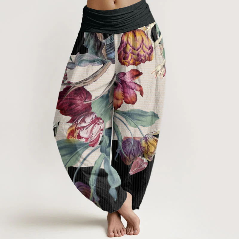 Pantaloni harem da donna con elastico in vita, motivo Buddha Stones, tulipani in cotone e foglie verdi