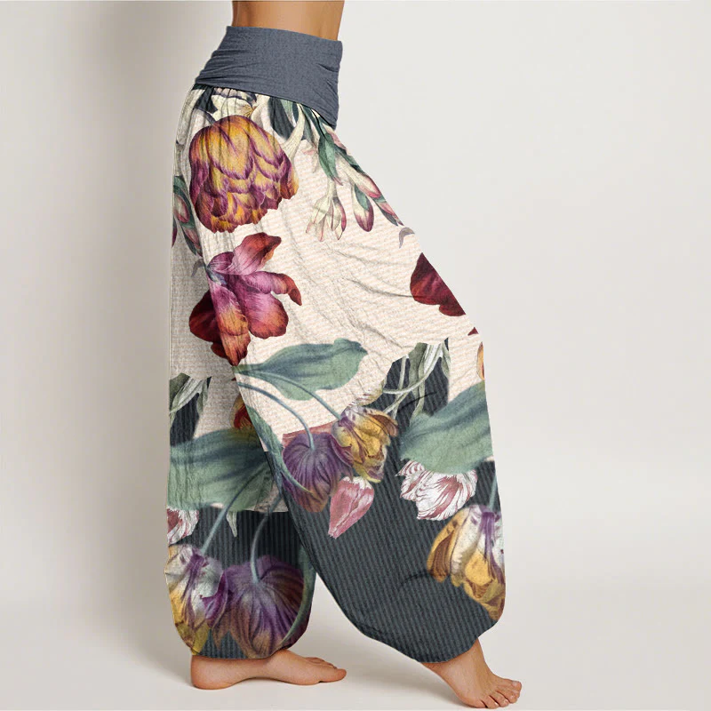 Pantaloni harem da donna con elastico in vita, motivo Buddha Stones, tulipani in cotone e foglie verdi - Image 10