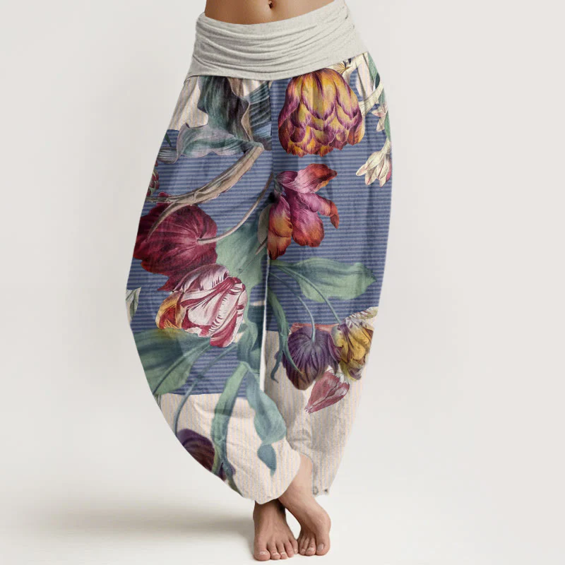 Pantaloni harem da donna con elastico in vita, motivo Buddha Stones, tulipani in cotone e foglie verdi - Image 5