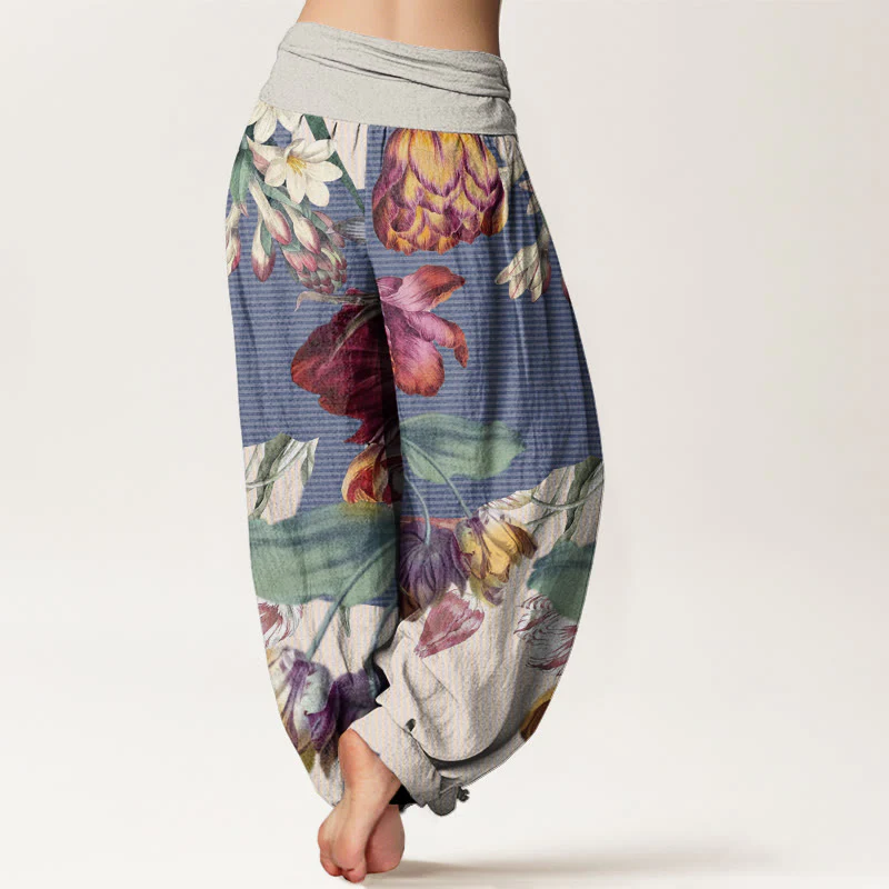 Pantaloni harem da donna con elastico in vita, motivo Buddha Stones, tulipani in cotone e foglie verdi - Image 6