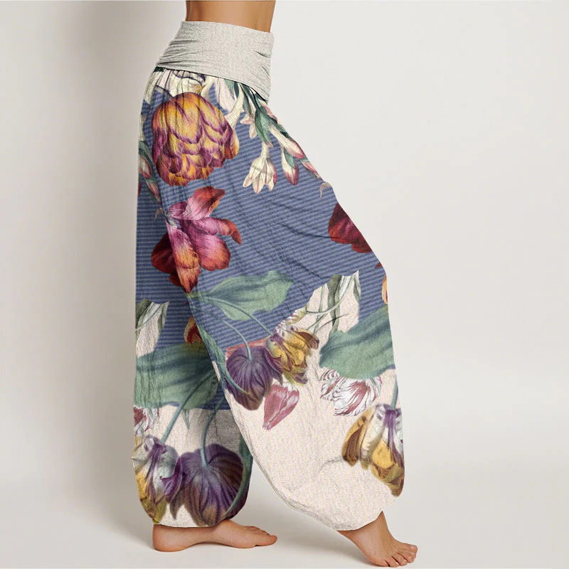 Pantaloni harem da donna con elastico in vita, motivo Buddha Stones, tulipani in cotone e foglie verdi - Image 7