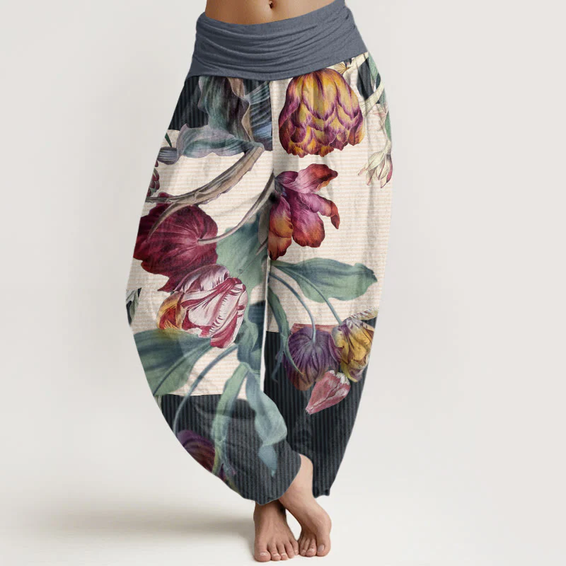 Pantaloni harem da donna con elastico in vita, motivo Buddha Stones, tulipani in cotone e foglie verdi - Image 8