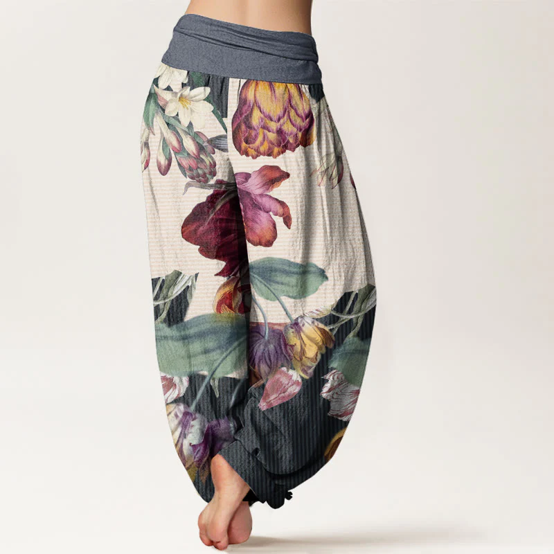 Pantaloni harem da donna con elastico in vita, motivo Buddha Stones, tulipani in cotone e foglie verdi - Image 9