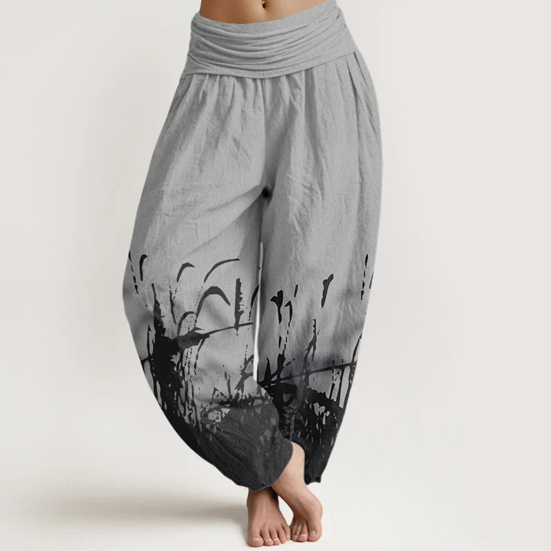 Pantaloni harem da donna con elastico in vita e motivo erba selvatica in cotone con Buddha Stones