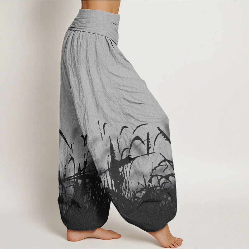 Pantaloni harem da donna con elastico in vita e motivo erba selvatica in cotone con Buddha Stones - Image 2