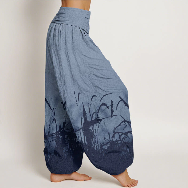 Pantaloni harem da donna con elastico in vita e motivo erba selvatica in cotone con Buddha Stones - Image 6