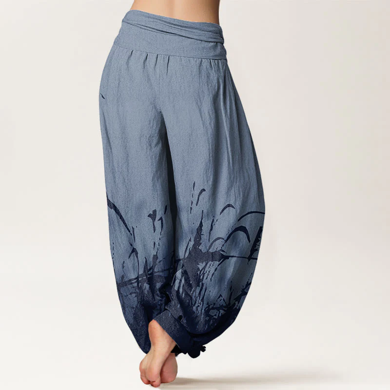 Pantaloni harem da donna con elastico in vita e motivo erba selvatica in cotone con Buddha Stones - Image 7
