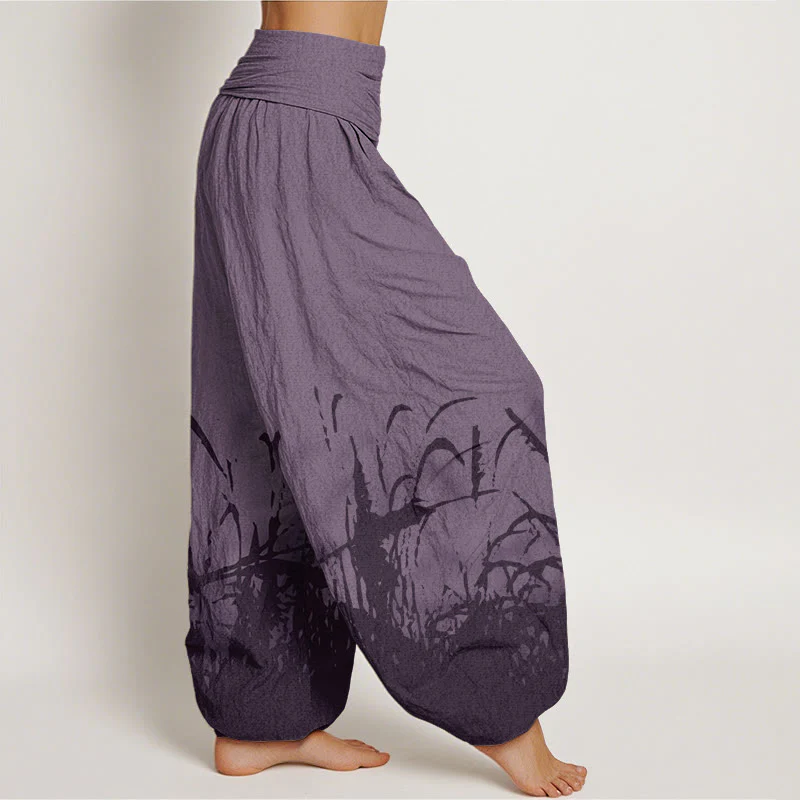 Pantaloni harem da donna con elastico in vita e motivo erba selvatica in cotone con Buddha Stones - Image 9