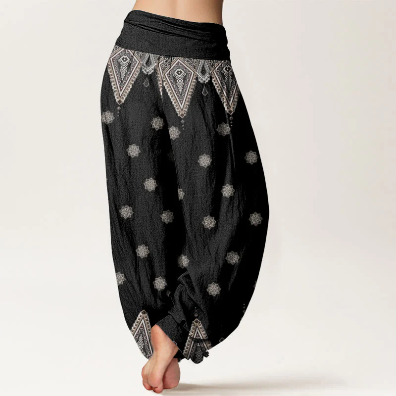 Pantaloni harem da donna con elastico in vita, in cotone, con motivo geometrico floreale bohémien, motivo Buddha Stones - Image 2
