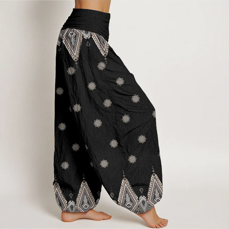 Pantaloni harem da donna con elastico in vita, in cotone, con motivo geometrico floreale bohémien, motivo Buddha Stones - Image 3