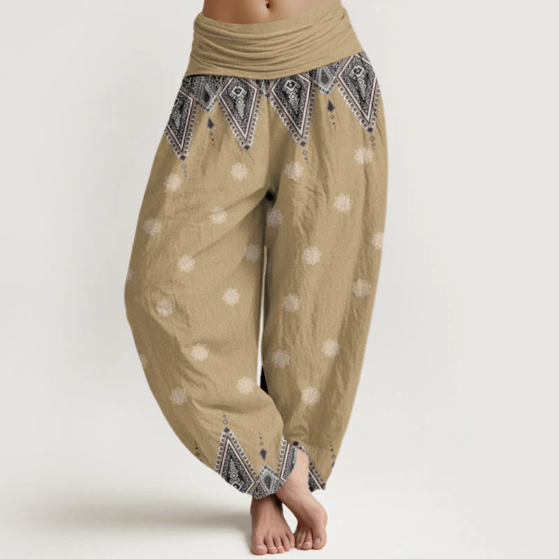 Pantaloni harem da donna con elastico in vita, in cotone, con motivo geometrico floreale bohémien, motivo Buddha Stones - Image 5