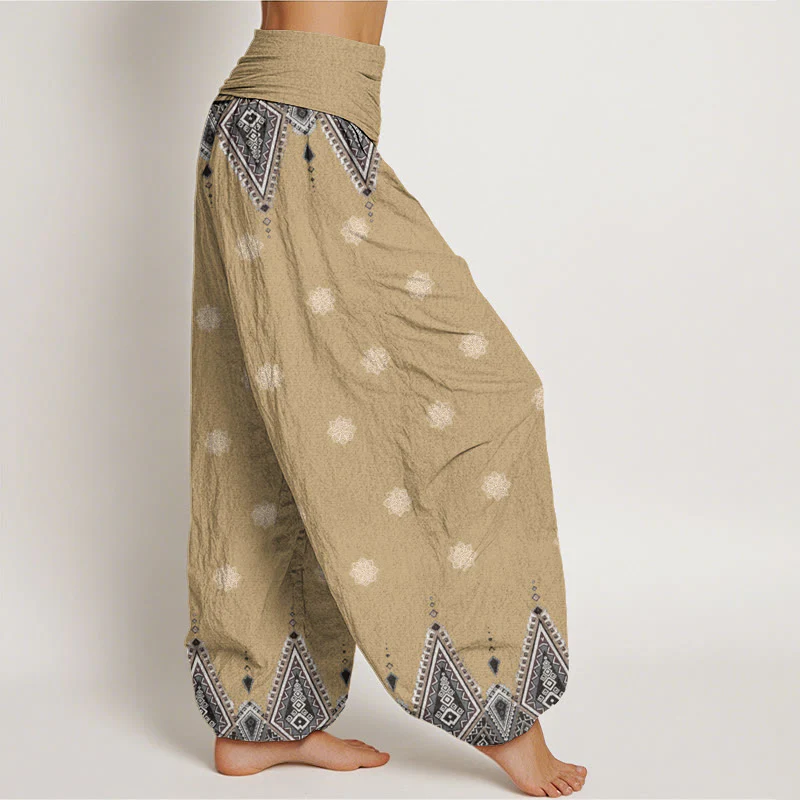 Pantaloni harem da donna con elastico in vita, in cotone, con motivo geometrico floreale bohémien, motivo Buddha Stones - Image 7