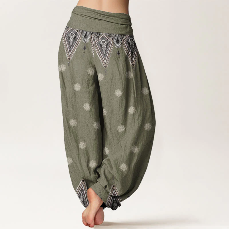 Pantaloni harem da donna con elastico in vita, in cotone, con motivo geometrico floreale bohémien, motivo Buddha Stones - Image 9