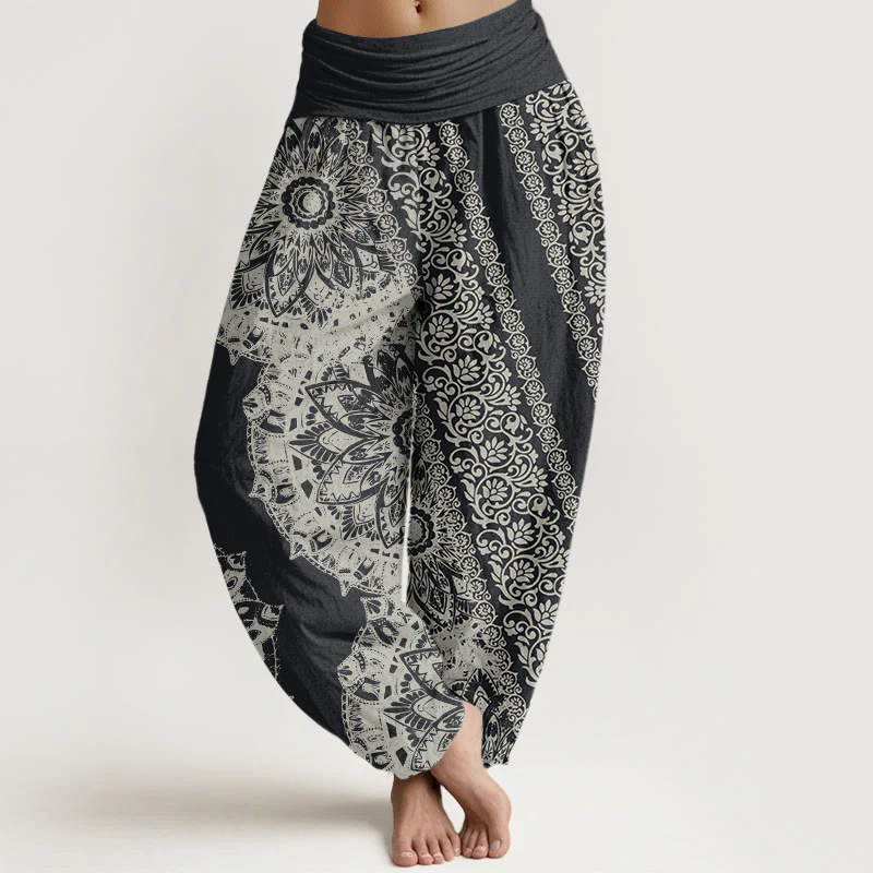 Pantaloni harem da donna con elastico in vita, motivo mandala in cotone con Buddha Stones e fiori paralleli