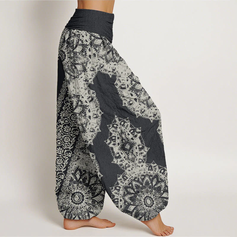 Pantaloni harem da donna con elastico in vita, motivo mandala in cotone con Buddha Stones e fiori paralleli - Image 2