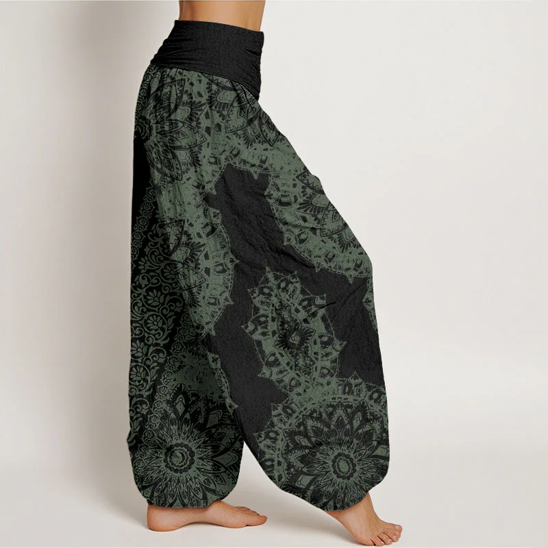 Pantaloni harem da donna con elastico in vita, motivo mandala in cotone con Buddha Stones e fiori paralleli - Image 9