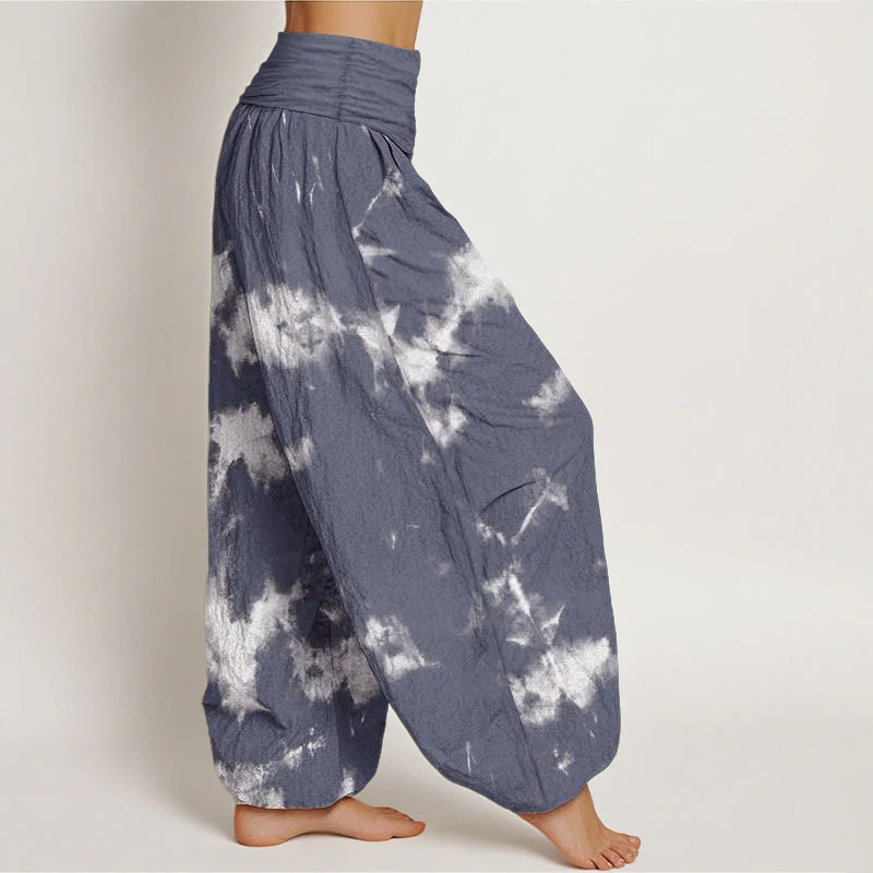 Pantaloni harem da donna con elastico in vita, motivo tie-dye, in cotone con linee bianche e pois, motivo Buddha Stones - Image 6