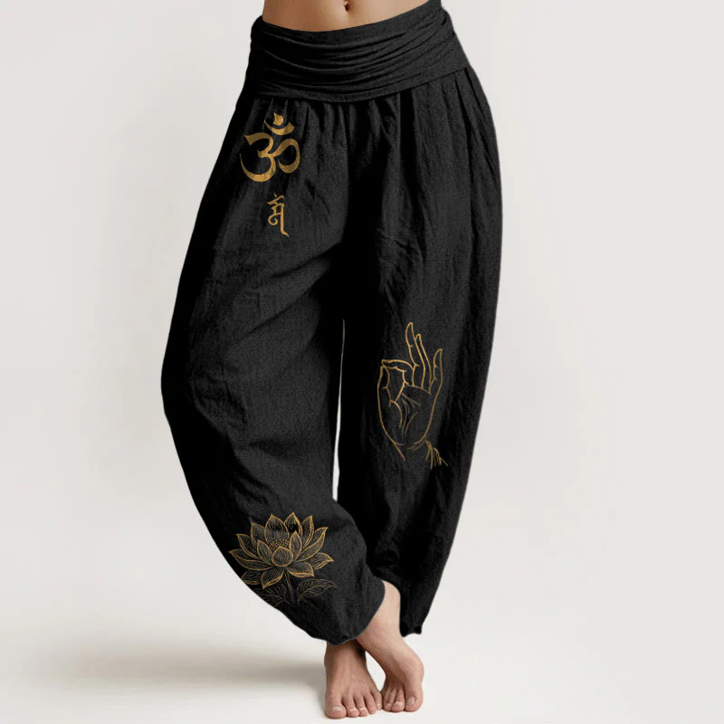 Pantaloni harem in cotone con elastico in vita da donna , Buddha Stones, simboli Om Dhi, motivo a mano di Buddha e loto