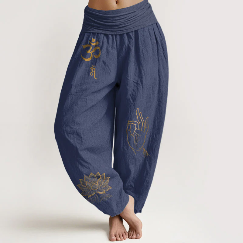 Pantaloni harem in cotone con elastico in vita da donna , Buddha Stones, simboli Om Dhi, motivo a mano di Buddha e loto - Image 6