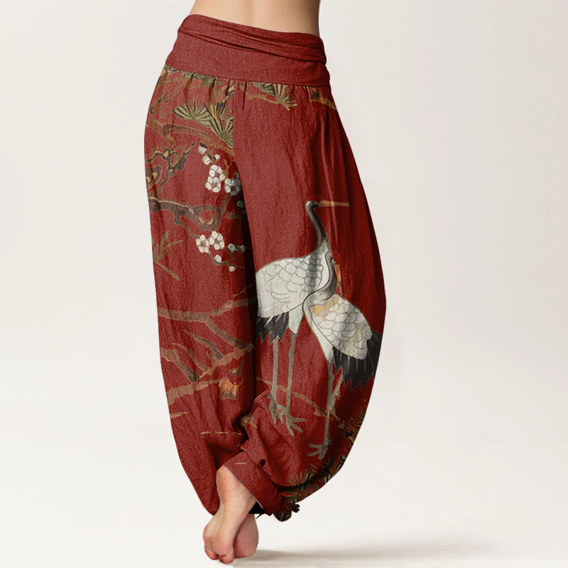 Pantaloni harem in cotone con elastico in vita, da donna, con stampa di Buddha Stones, fiori di prugno, gru e pini - Image 11